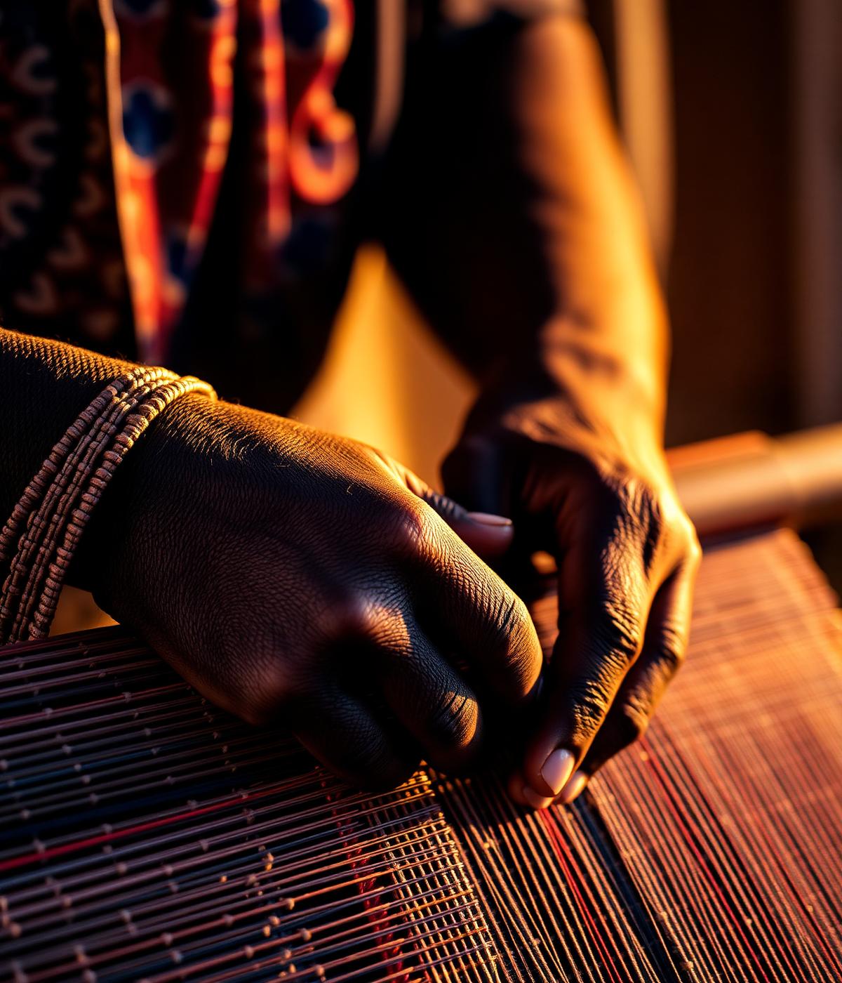 Mains d'un artisan malien tissant le bogolan