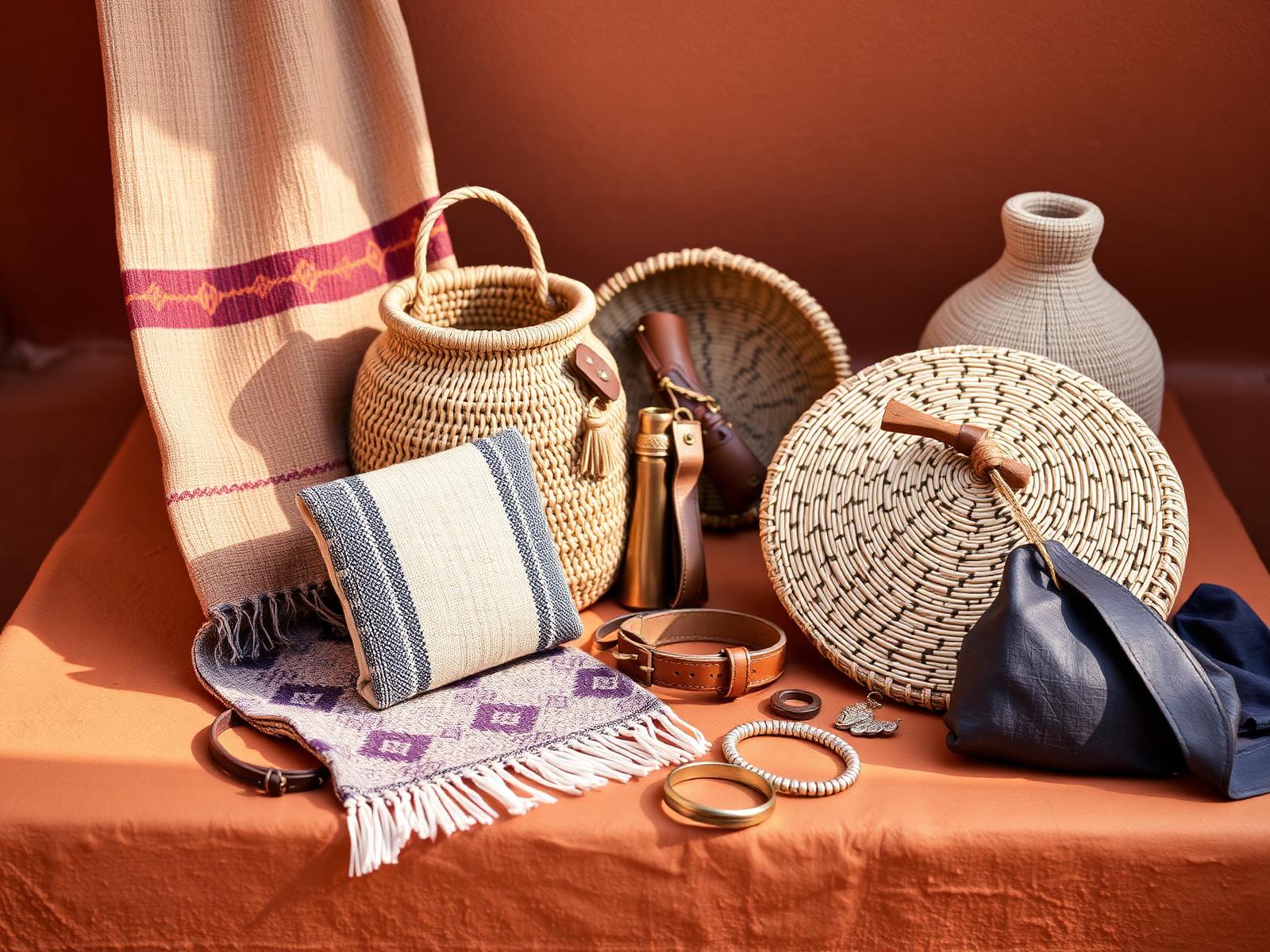 Collection de produits artisanaux maliens — bogolan, vannerie, cuir, bijoux